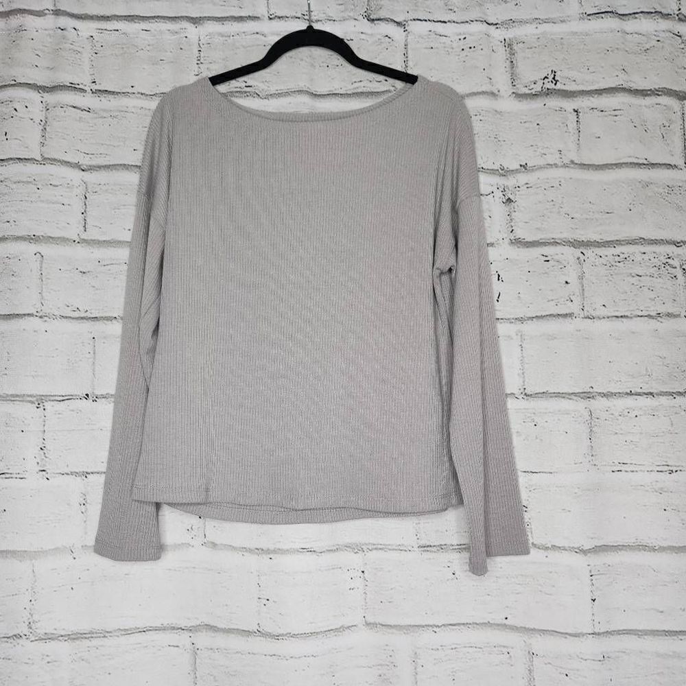 Vici Round Neck Drop Shoulder Long Sleeve Ribbed T-Shirt Gray Size Small